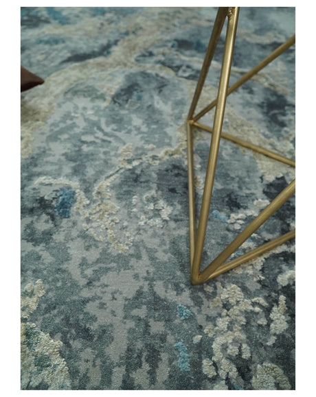 Modern Abstract Blue and Beige Hand Knotted 8x10 Bamboo Silk Rug