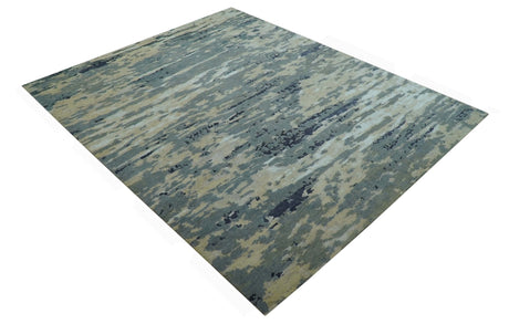 Modern Abstract Blue And Beige Hand Knotted 8x10 Wool And Bamboo Silk Rug