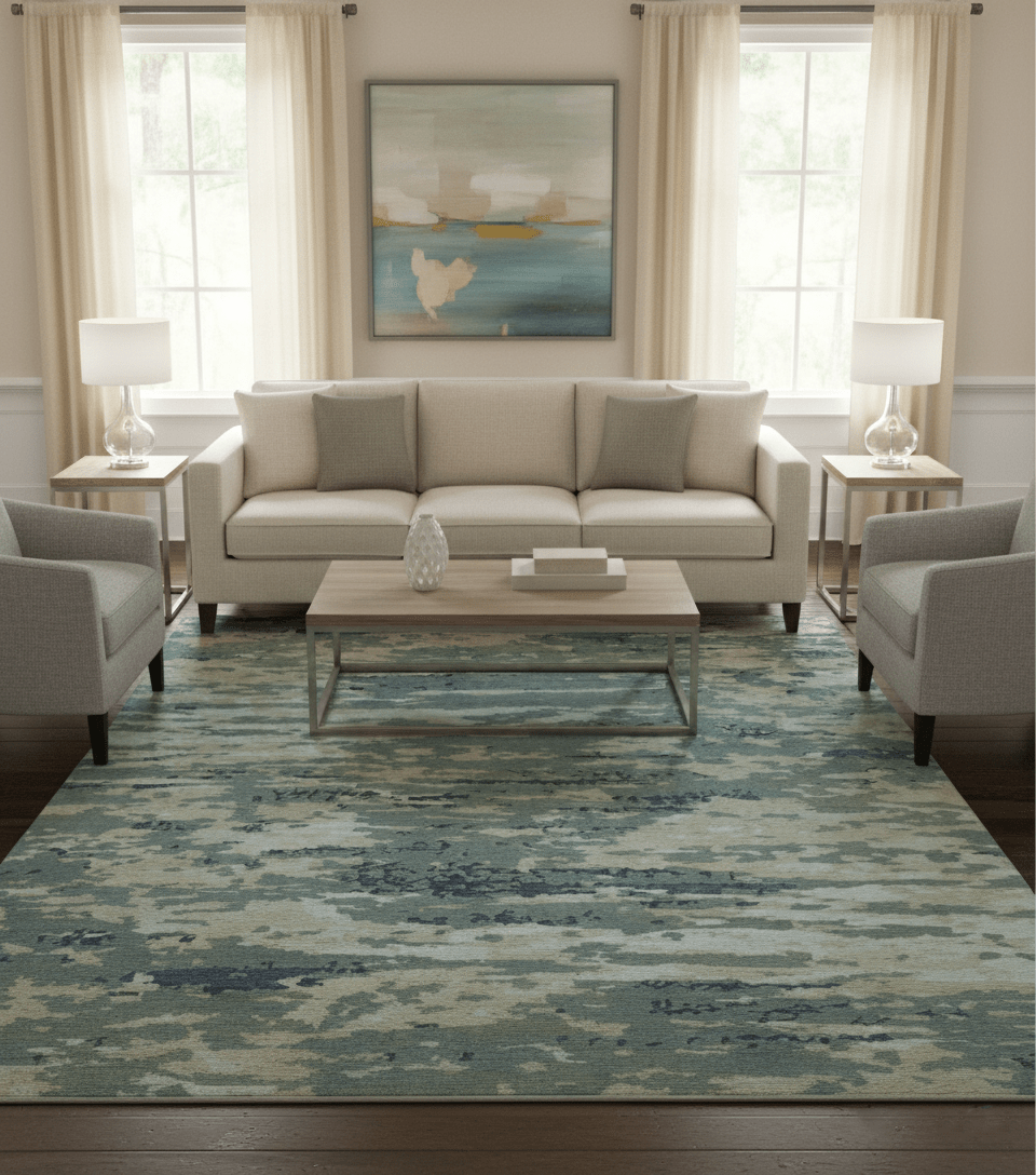 Modern Abstract Blue And Beige Hand Knotted 8x10 Wool And Bamboo Silk Rug