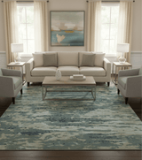 Modern Abstract Blue And Beige Hand Knotted 8x10 Wool And Bamboo Silk Rug