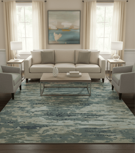 Modern Abstract Blue And Beige Hand Knotted 8x10 Wool And Bamboo Silk Rug