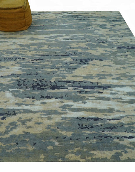 Modern Abstract Blue And Beige Hand Knotted 8x10 Wool And Bamboo Silk Rug