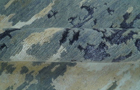 Modern Abstract Blue And Beige Hand Knotted 8x10 Wool And Bamboo Silk Rug