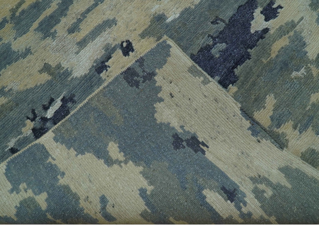 Modern Abstract Blue And Beige Hand Knotted 8x10 Wool And Bamboo Silk Rug