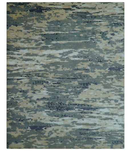 Modern Abstract Blue And Beige Hand Knotted 8x10 Wool And Bamboo Silk Rug