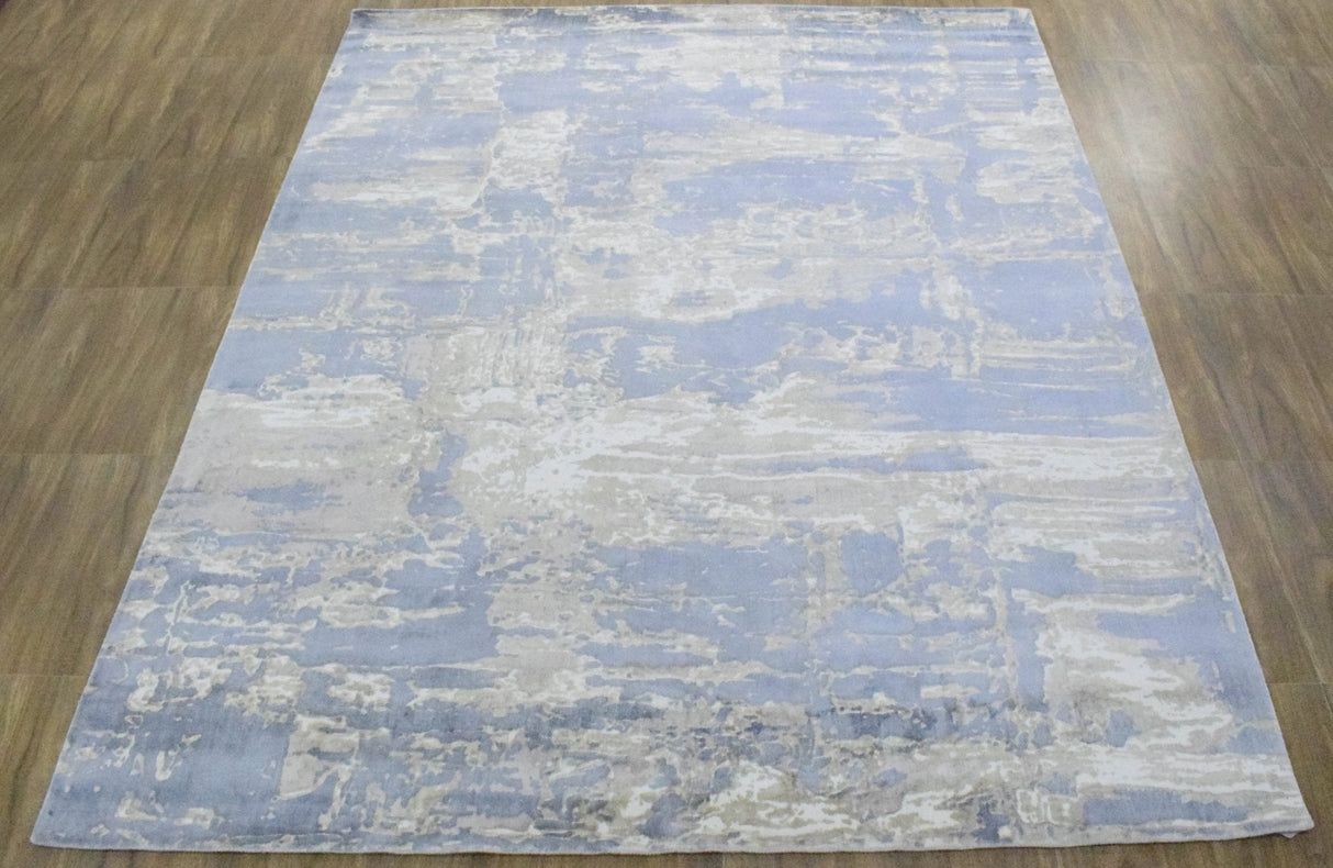 Modern Abstract Blue And Beige Hand loom 8x10 Viscose Area Rug