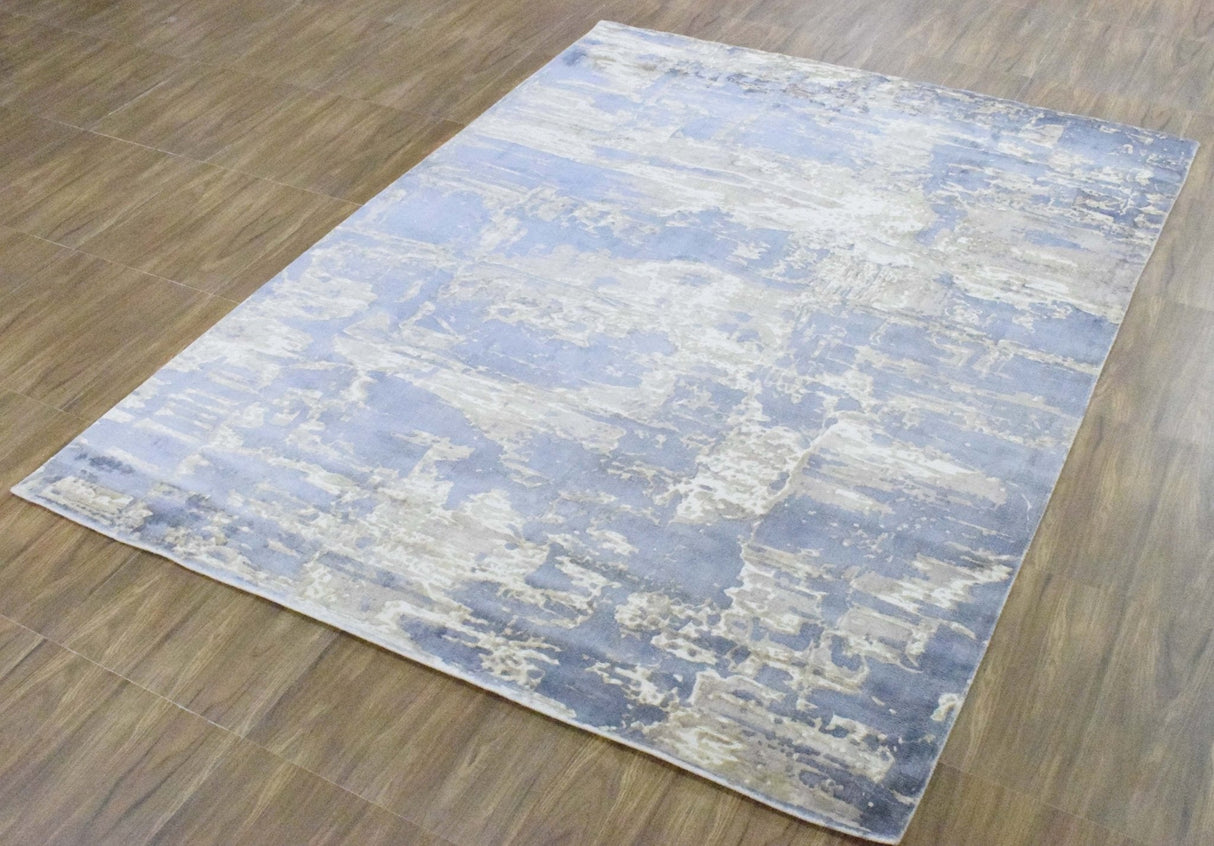 Modern Abstract Blue And Beige Hand loom 8x10 Viscose Area Rug