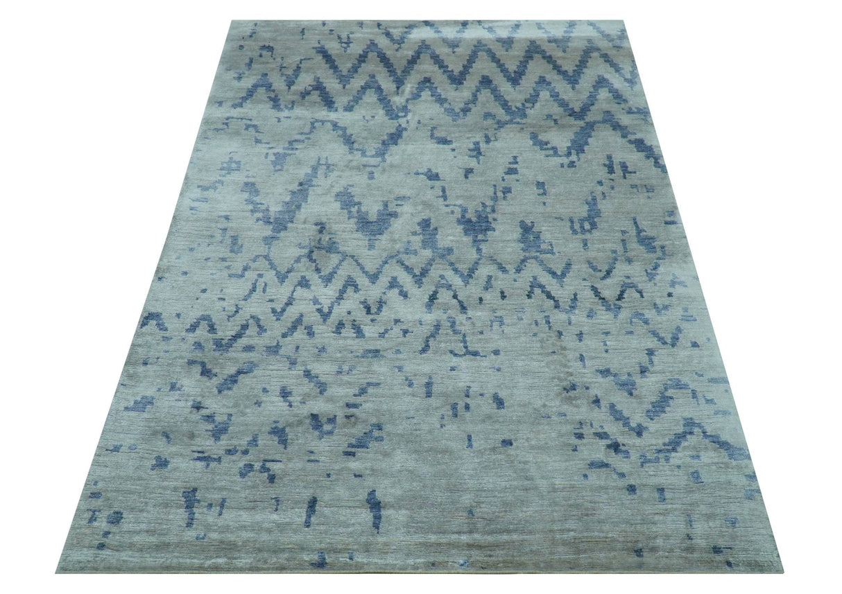 Modern Abstract Blue And Gray Hand Knotted 6x9 Bamboo Silk Area Rug