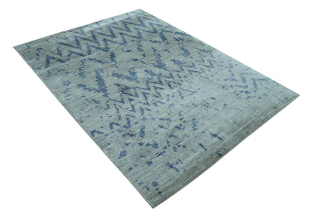 Modern Abstract Blue And Gray Hand Knotted 6x9 Bamboo Silk Area Rug
