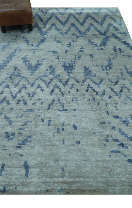 Modern Abstract Blue And Gray Hand Knotted 6x9 Bamboo Silk Area Rug