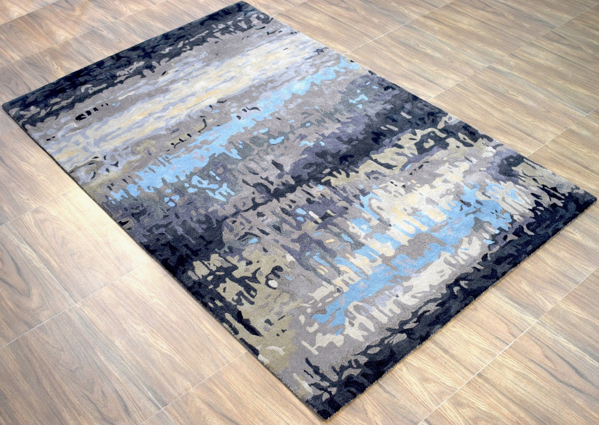 Modern Abstract Blue and Gray Hand Tufted Wool 5x8 Area Rug