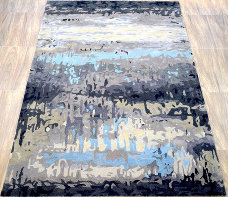Modern Abstract Blue and Gray Hand Tufted Wool 5x8 Area Rug