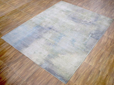 Modern Abstract Blue And Ivory Hand Knotted Bamboo Silk Area Rug