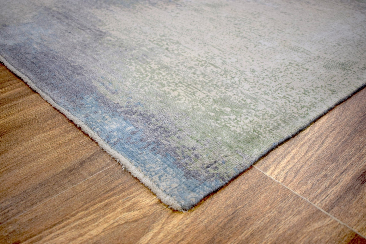 Modern Abstract Blue And Ivory Hand Knotted Bamboo Silk Area Rug