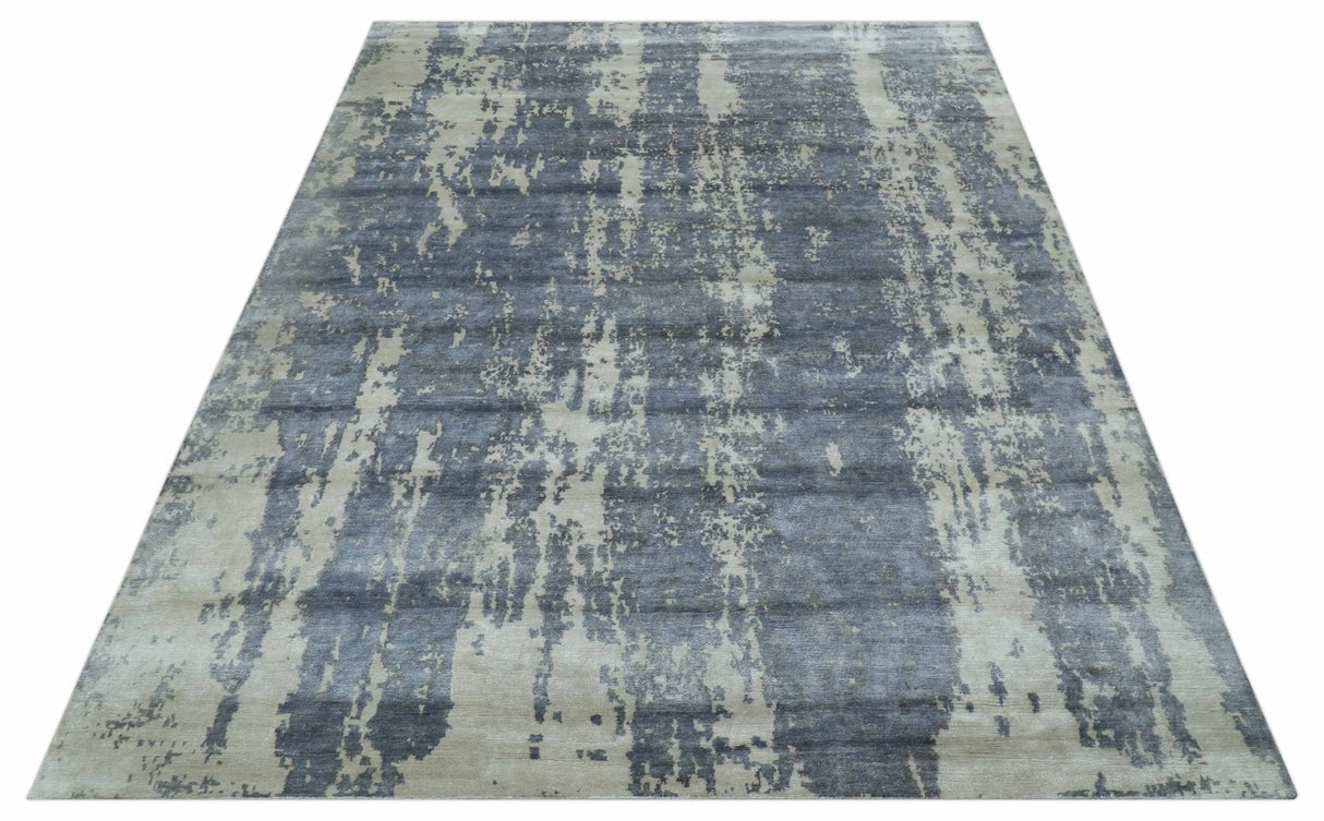Modern Abstract Blue And Ivory Hand Knotted Wool Area Rug