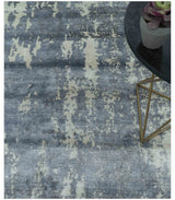 Modern Abstract Blue And Ivory Hand Knotted Wool Area Rug