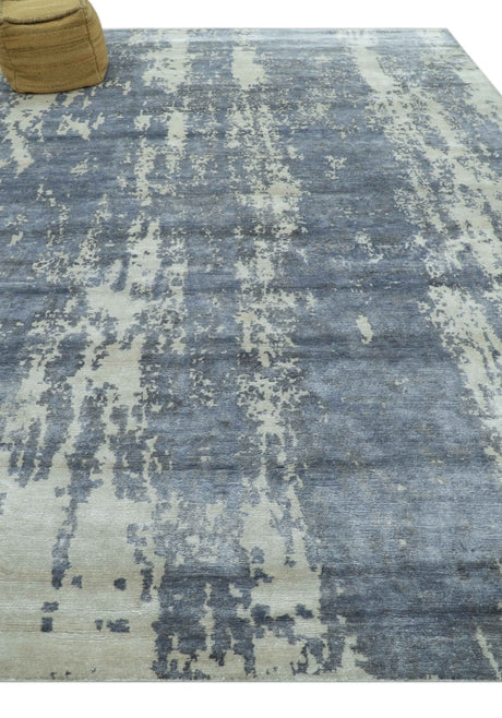 Modern Abstract Blue And Ivory Hand Knotted Wool Area Rug