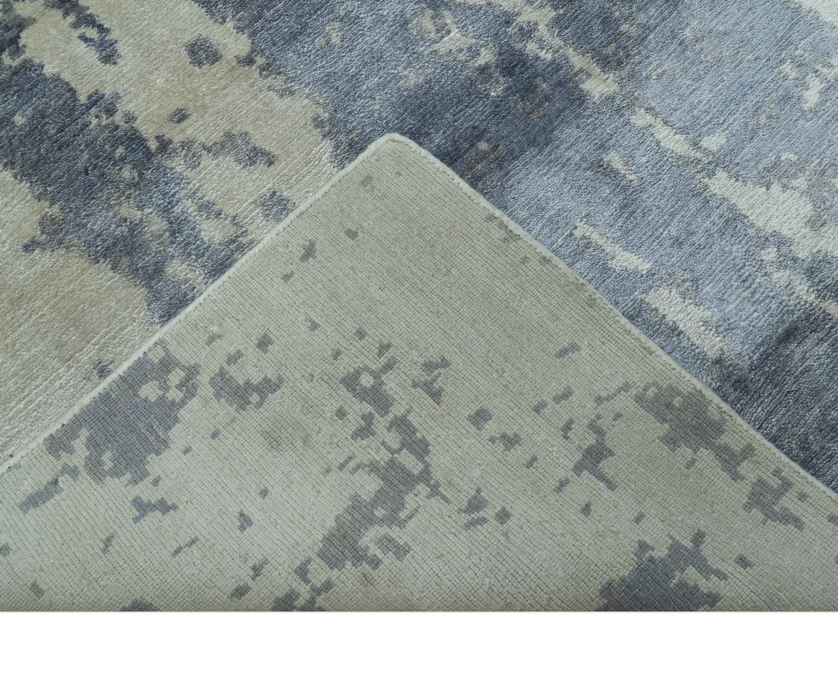 Modern Abstract Blue And Ivory Hand Knotted Wool Area Rug