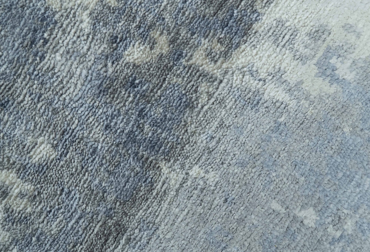 Modern Abstract Blue And Ivory Hand Knotted Wool Area Rug