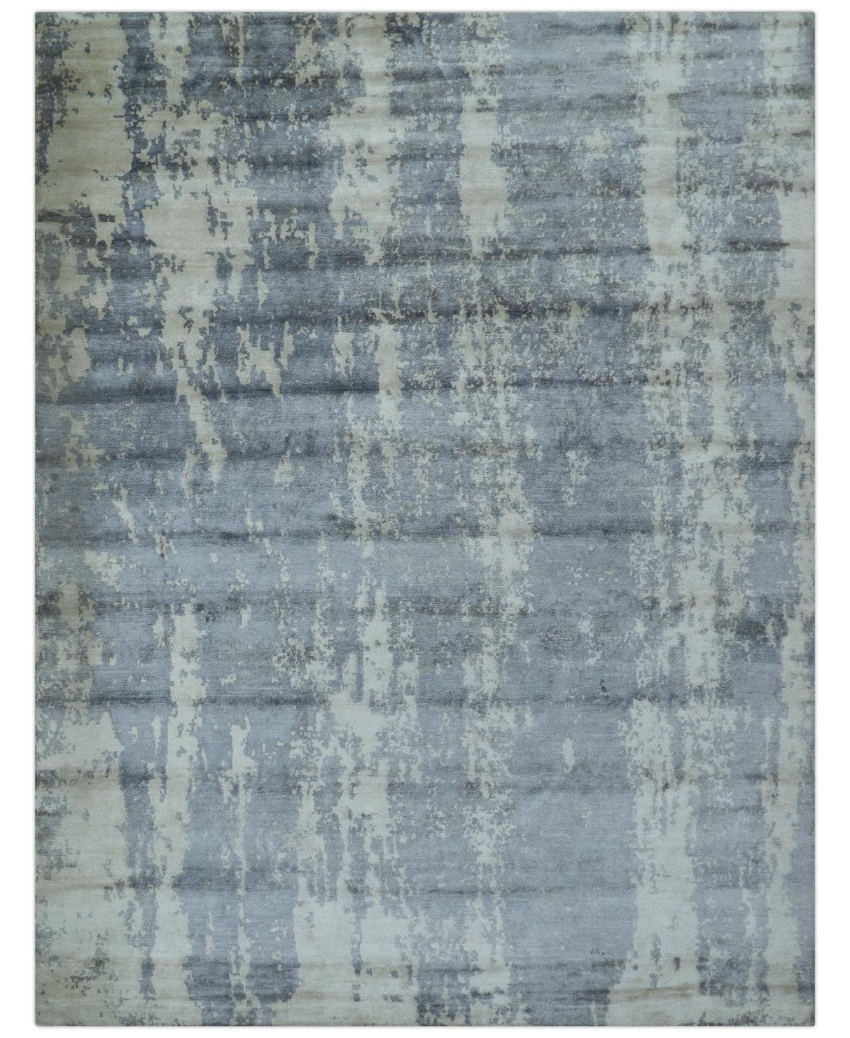 Modern Abstract Blue And Ivory Hand Knotted Wool Area Rug