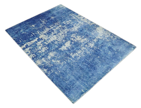 Modern Abstract Blue and Ivory Hand loom 5.6x8 Wool and Viscose Area Rug