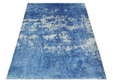 Modern Abstract Blue and Ivory Hand loom 5.6x8 Wool and Viscose Area Rug