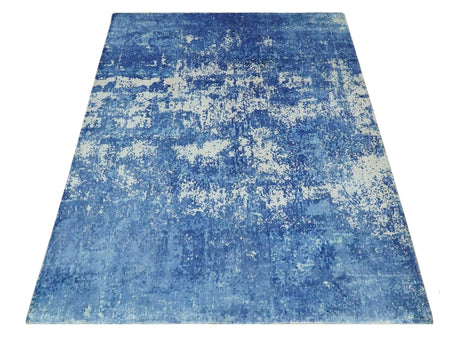Modern Abstract Blue and Ivory Hand loom 5.6x8 Wool and Viscose Area Rug