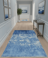 Modern Abstract Blue and Ivory Hand loom 5.6x8 Wool and Viscose Area Rug