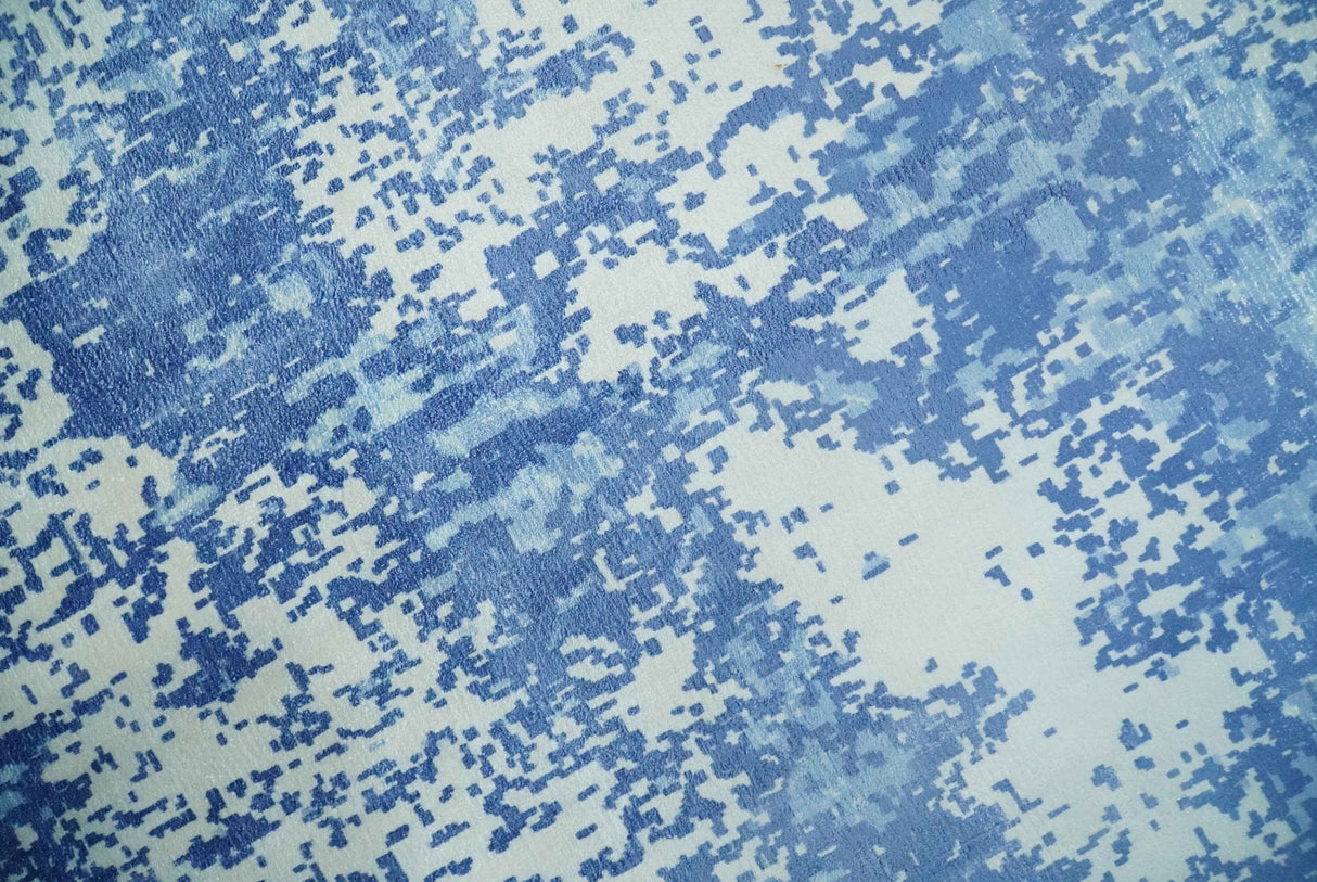 Modern Abstract Blue and Ivory Hand loom 5.6x8 Wool and Viscose Area Rug