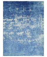 Modern Abstract Blue and Ivory Hand loom 5.6x8 Wool and Viscose Area Rug