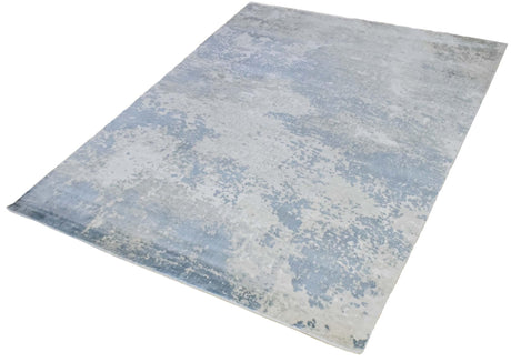 Modern Abstract Blue and Ivory Hand Loom 8x10 Viscose Area Rug