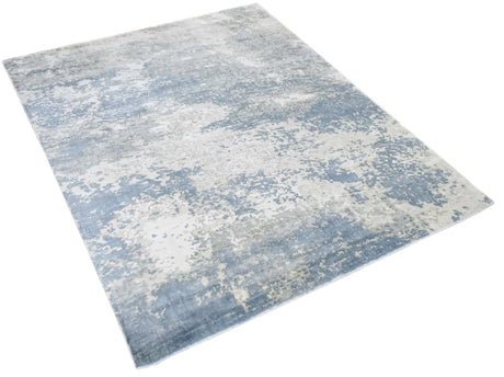 Modern Abstract Blue and Ivory Hand Loom 8x10 Viscose Area Rug