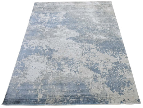 Modern Abstract Blue and Ivory Hand Loom 8x10 Viscose Area Rug