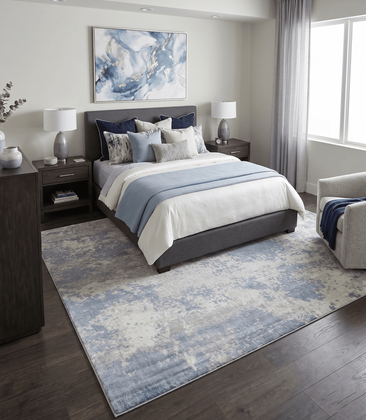 Modern Abstract Blue and Ivory Hand Loom 8x10 Viscose Area Rug
