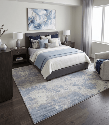 Modern Abstract Blue and Ivory Hand Loom 8x10 Viscose Area Rug