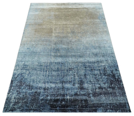 Modern abstract Blue, Aqua and Brown Hand Knotted 8x10 wool and Art silk Area Rug
