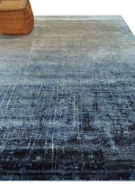 Modern abstract Blue, Aqua and Brown Hand Knotted 8x10 wool and Art silk Area Rug