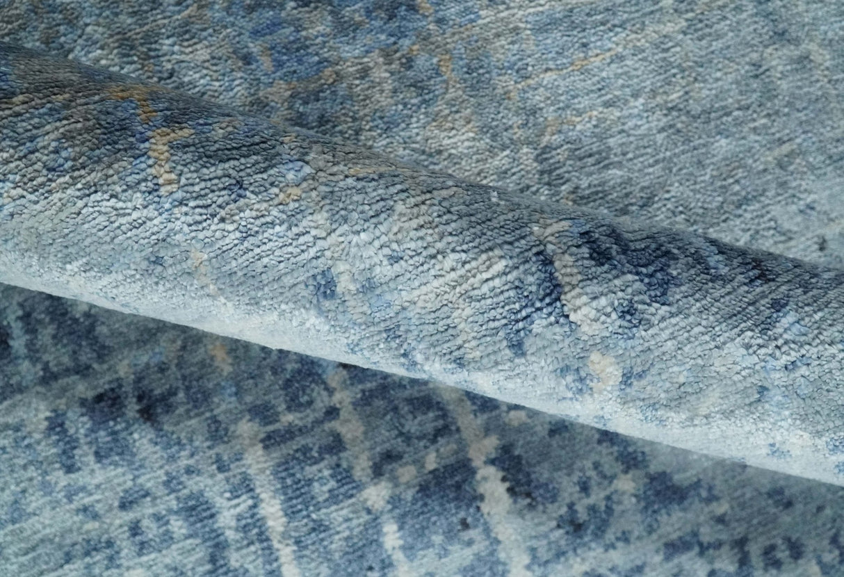 Modern abstract Blue, Aqua and Brown Hand Knotted 8x10 wool and Art silk Area Rug-Area Rug-Parc Decor