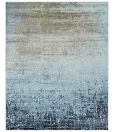 Modern abstract Blue, Aqua and Brown Hand Knotted 8x10 wool and Art silk Area Rug-Area Rug-Parc Decor