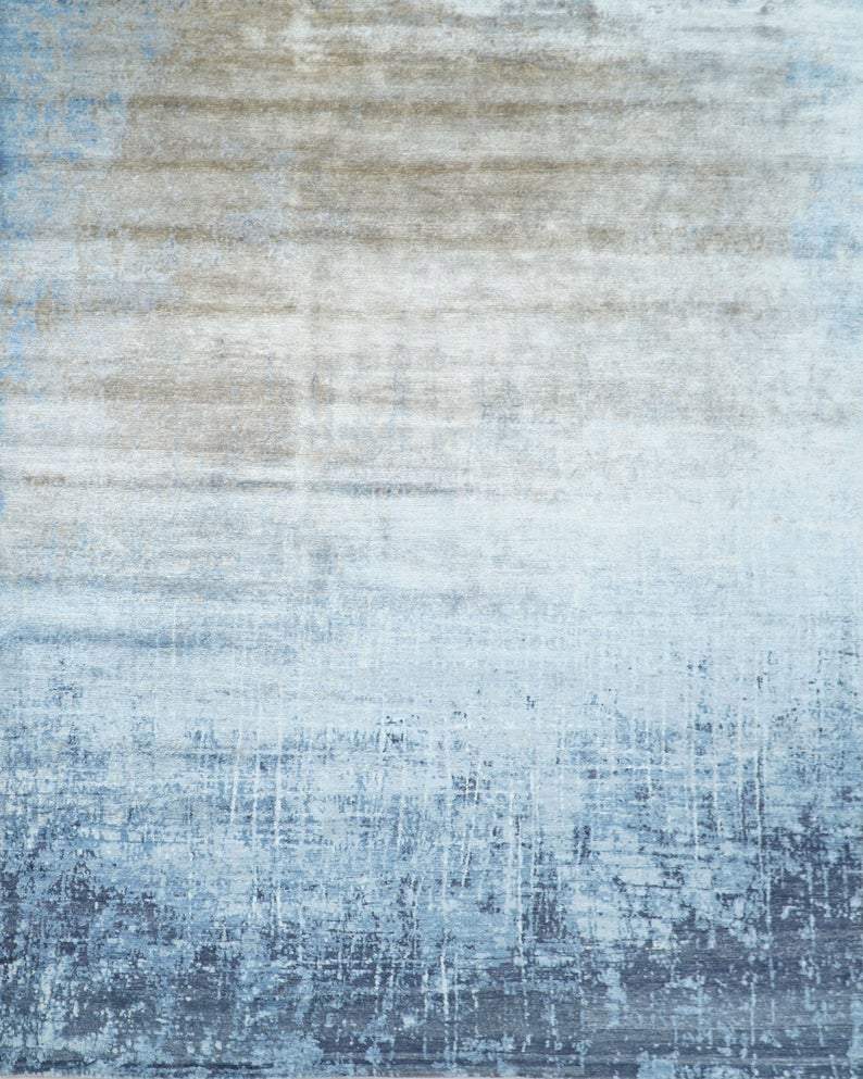 Modern Abstract Blue Hand Knotted bamboo Silk 8x10 Area Rug
