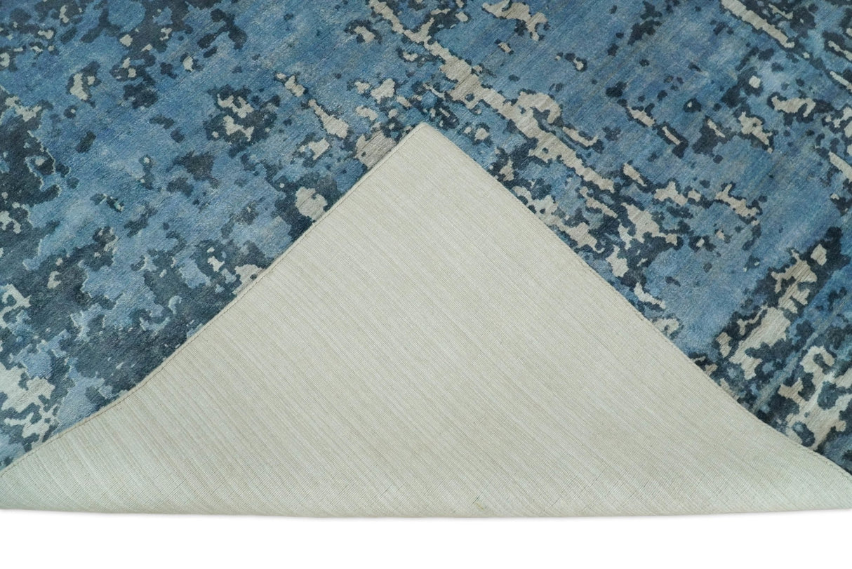 Modern Abstract Blue Hand Loom Blue and Ivory Bamboo Silk 8x10 Area Rug