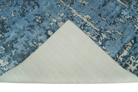 Modern Abstract Blue Hand Loom Blue and Ivory Bamboo Silk 8x10 Area Rug