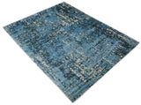 Modern Abstract Blue Hand Loom Blue and Ivory Bamboo Silk 8x10 Area Rug