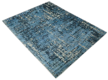 Modern Abstract Blue Hand Loom Blue and Ivory Bamboo Silk 8x10 Area Rug