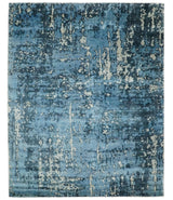 Modern Abstract Blue Hand Loom Blue and Ivory Bamboo Silk 8x10 Area Rug