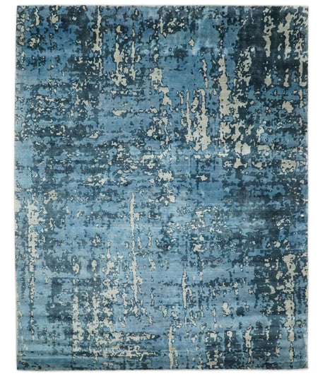 Modern Abstract Blue Hand Loom Blue and Ivory Bamboo Silk 8x10 Area Rug