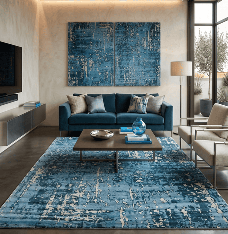 Modern Abstract Blue Hand Loom Blue and Ivory Bamboo Silk 8x10 Area Rug
