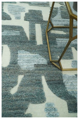 Modern abstract Carved Texture Green, Ivory and Silver 5x8 Hand Knotted Wool Area Rug