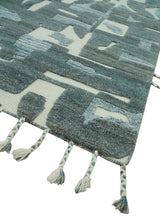 Modern abstract Carved Texture Green, Ivory and Silver 5x8 Hand Knotted Wool Area Rug
