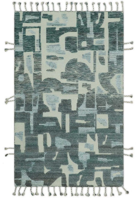 Modern abstract Carved Texture Green, Ivory and Silver 5x8 Hand Knotted Wool Area Rug